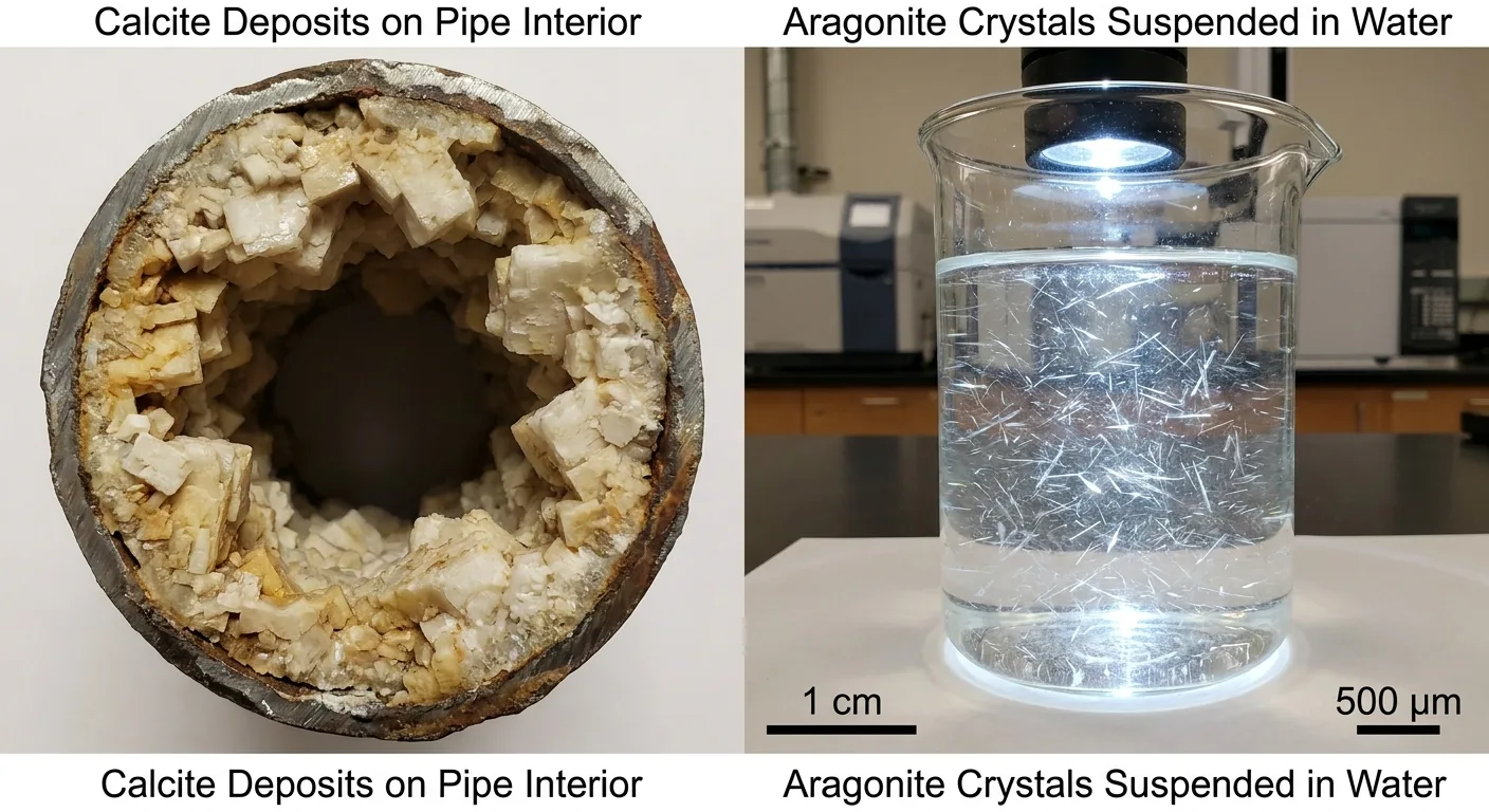 Comparaison de dépôts de calcite sur paroi de tuyau et cristaux d'aragonite en suspension dans l'eau
