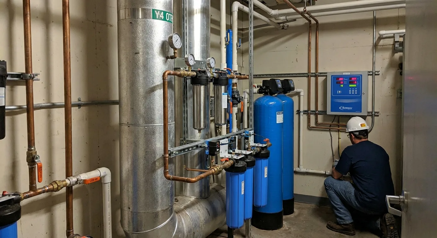 Système de traitement d'eau anti-calcaire installé sur la tuyauterie principale dans une chaufferie d'immeuble.